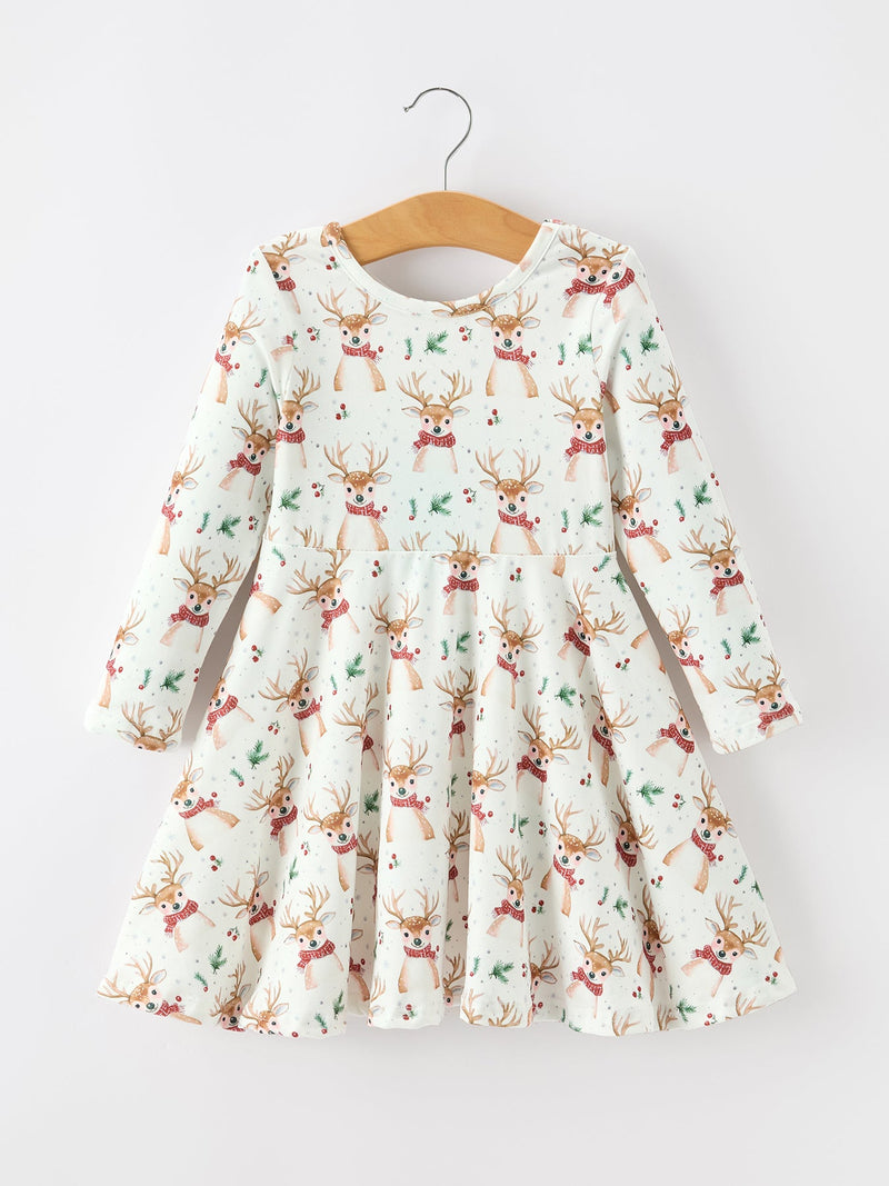 Girls Reindeer Christmas Twirl Long Sleeve Dress - 1