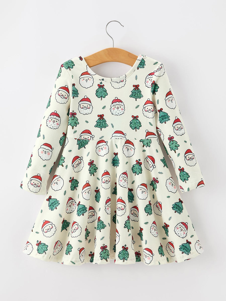 Girls Santa & Christmas Tree Print Twirl Dress