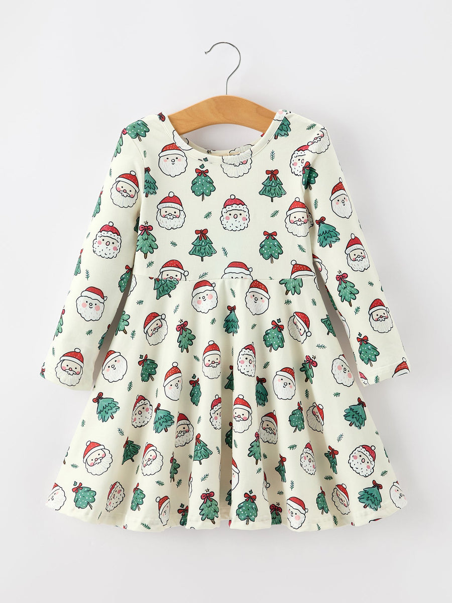 Girls Santa & Christmas Tree Print Twirl Dress