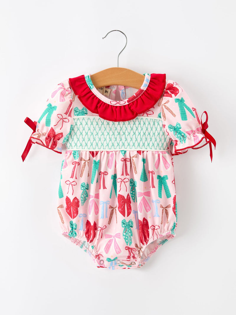 Baby Girl Christmas Smocked Bubble Romper Bow Print - 1