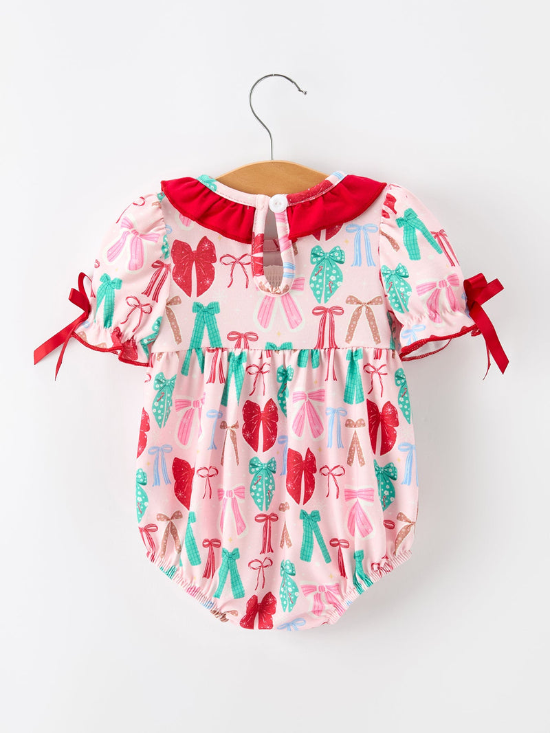 Baby Girl Christmas Smocked Bubble Romper Bow Print - 2