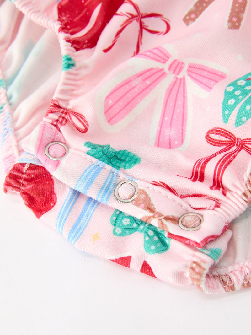 Baby Girl Christmas Smocked Bubble Romper Bow Print - 4