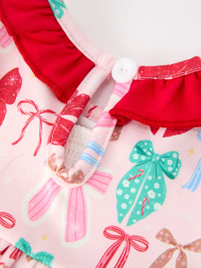 Baby Girl Christmas Smocked Bubble Romper Bow Print - 5