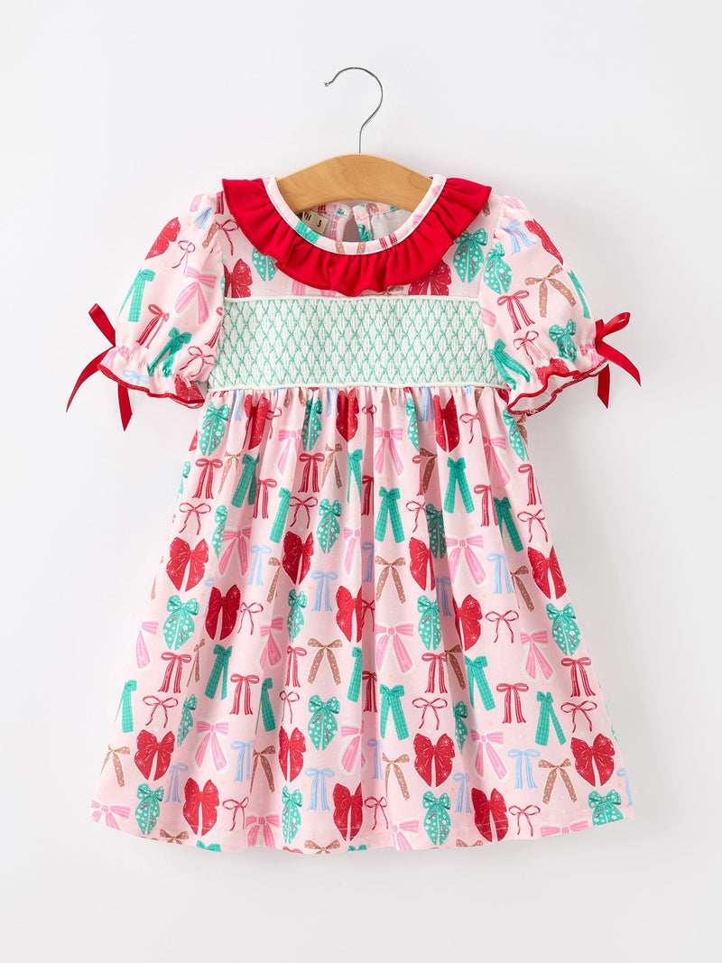 Girl Christmas Smocked Dress Red Green Bow Holiday Party Dress - 1