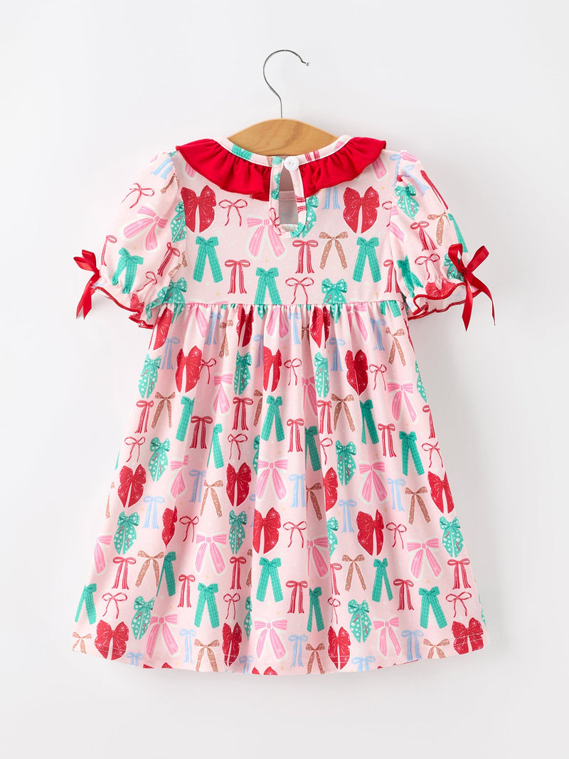 Girl Christmas Smocked Dress Red Green Bow Holiday Party Dress - 2