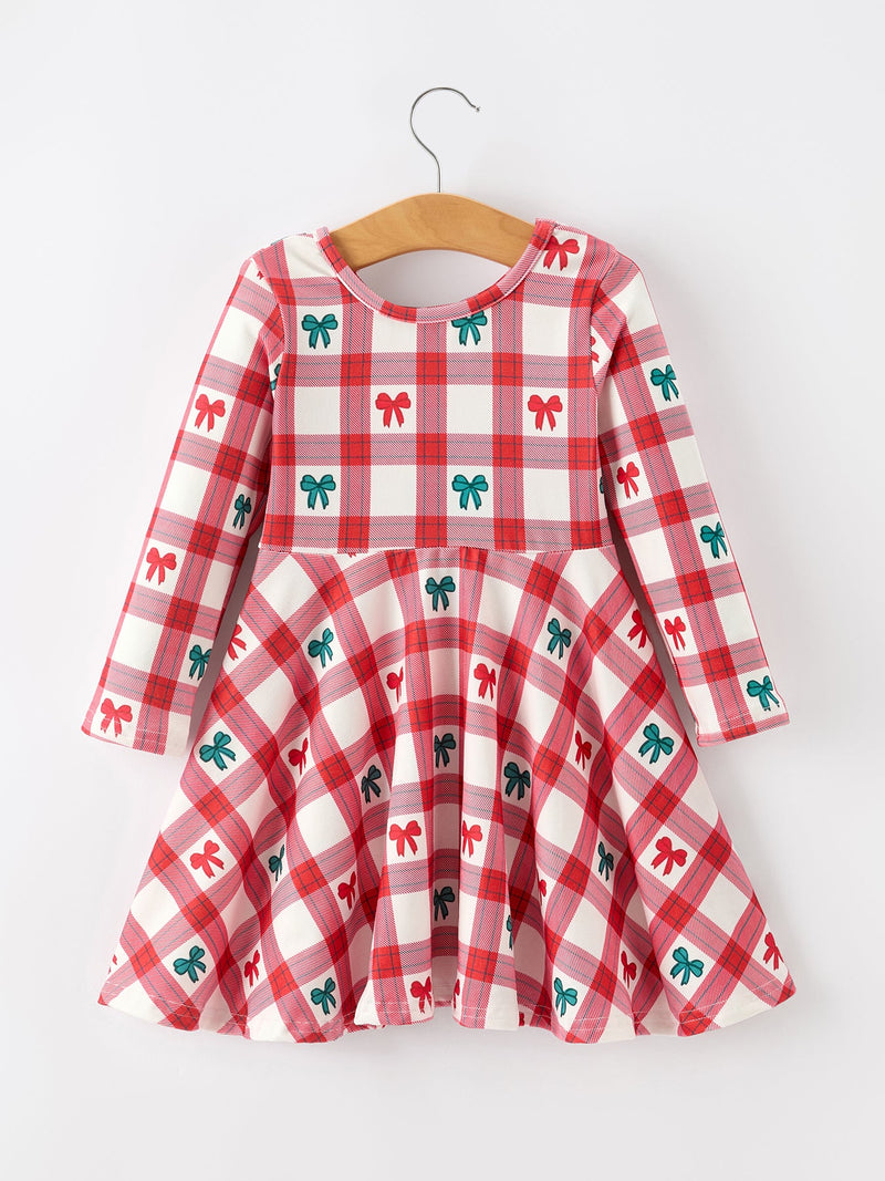 Christmas Girls Candy Cane & Bow Plaid Twirl Dress - 2