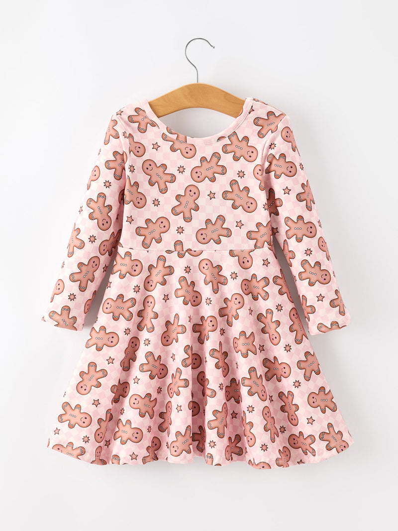 Christmas Girls Gingerbread Print Twirl Long Sleeve Dress - 2