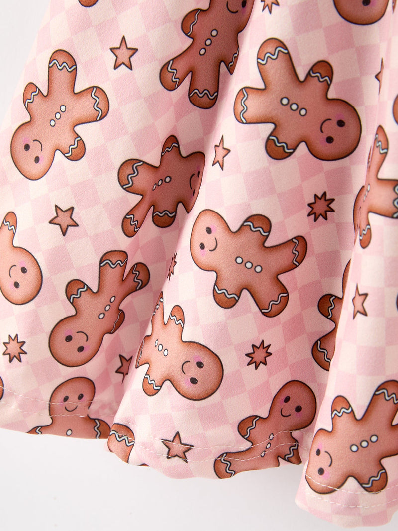 Christmas Girls Gingerbread Print Twirl Long Sleeve Dress - 5