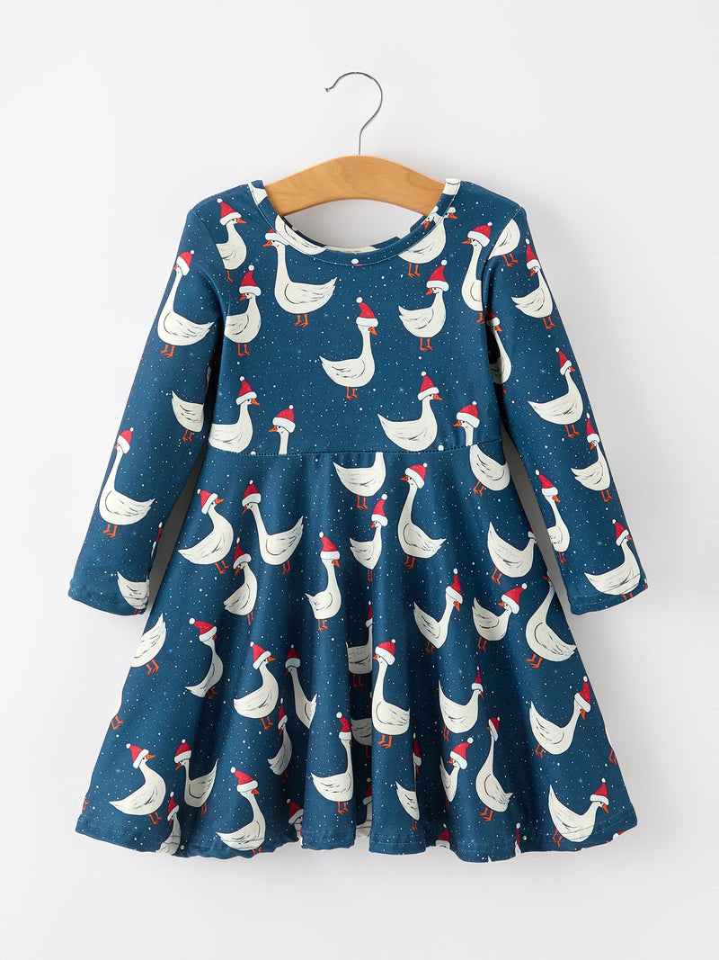 Christmas Girls Goose Twirl Dress Navy Long Sleeve Dress - 1