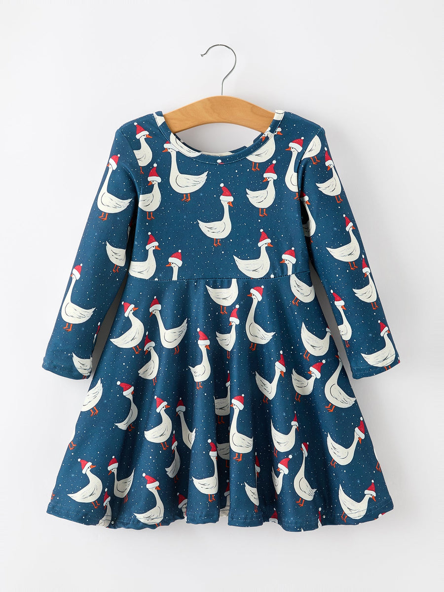 Christmas Girls Goose Twirl Dress Navy Long Sleeve Dress