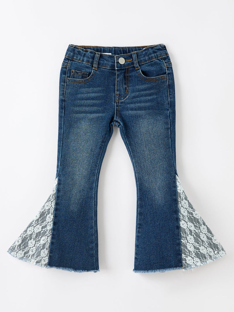 Girls Denim Bell Bottom Pants Lace Flare Jeans - 1