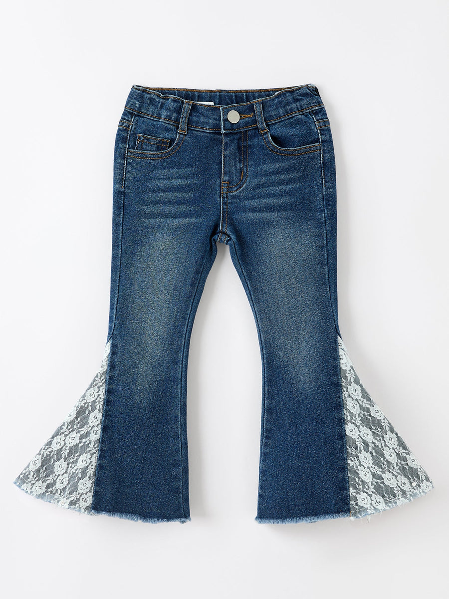 Girls Denim Bell Bottom Pants Lace Flare Jeans