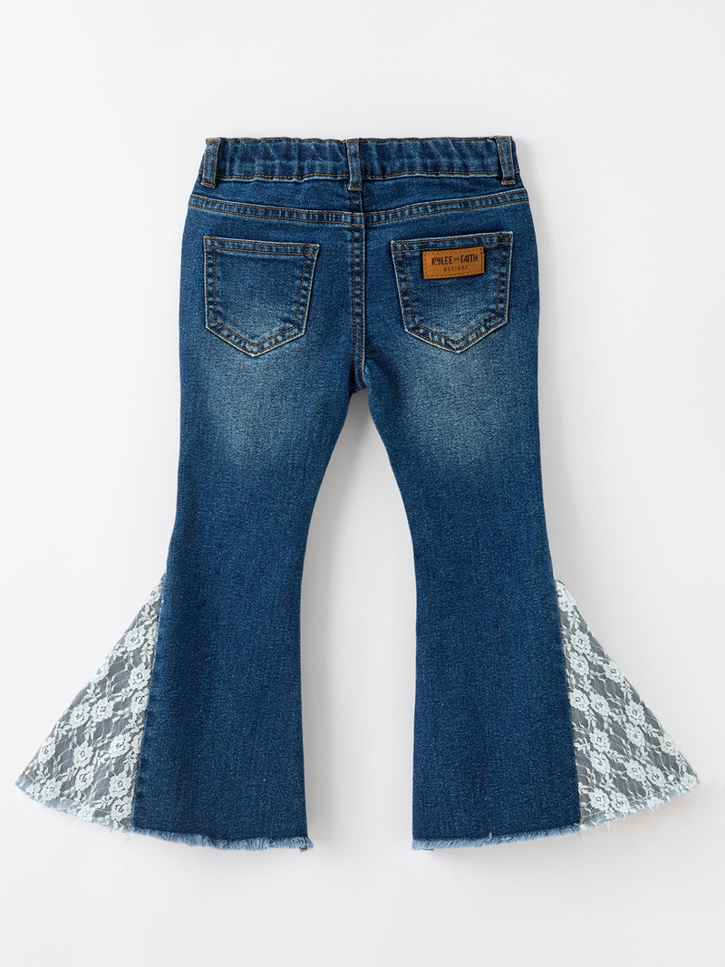 Girls Denim Bell Bottom Pants Lace Flare Jeans - 2