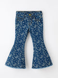 Girls Denim Bell Bottom Pants Decorative Print Flare Jeans - 1