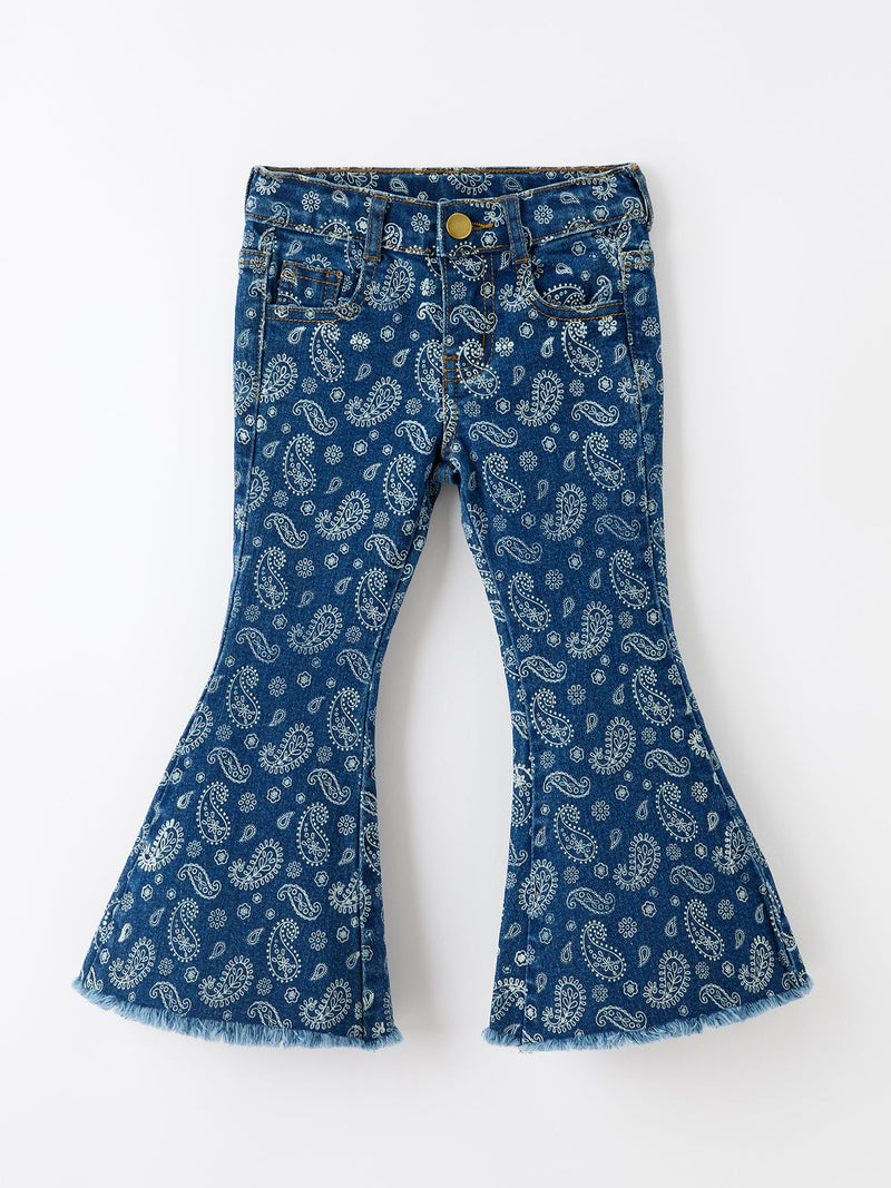Girls Denim Bell Bottom Pants Decorative Print Flare Jeans - 1