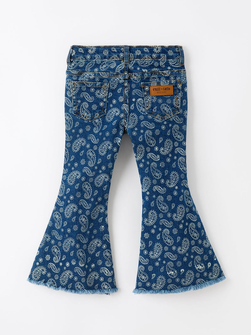 Girls Denim Bell Bottom Pants Decorative Print Flare Jeans - 2