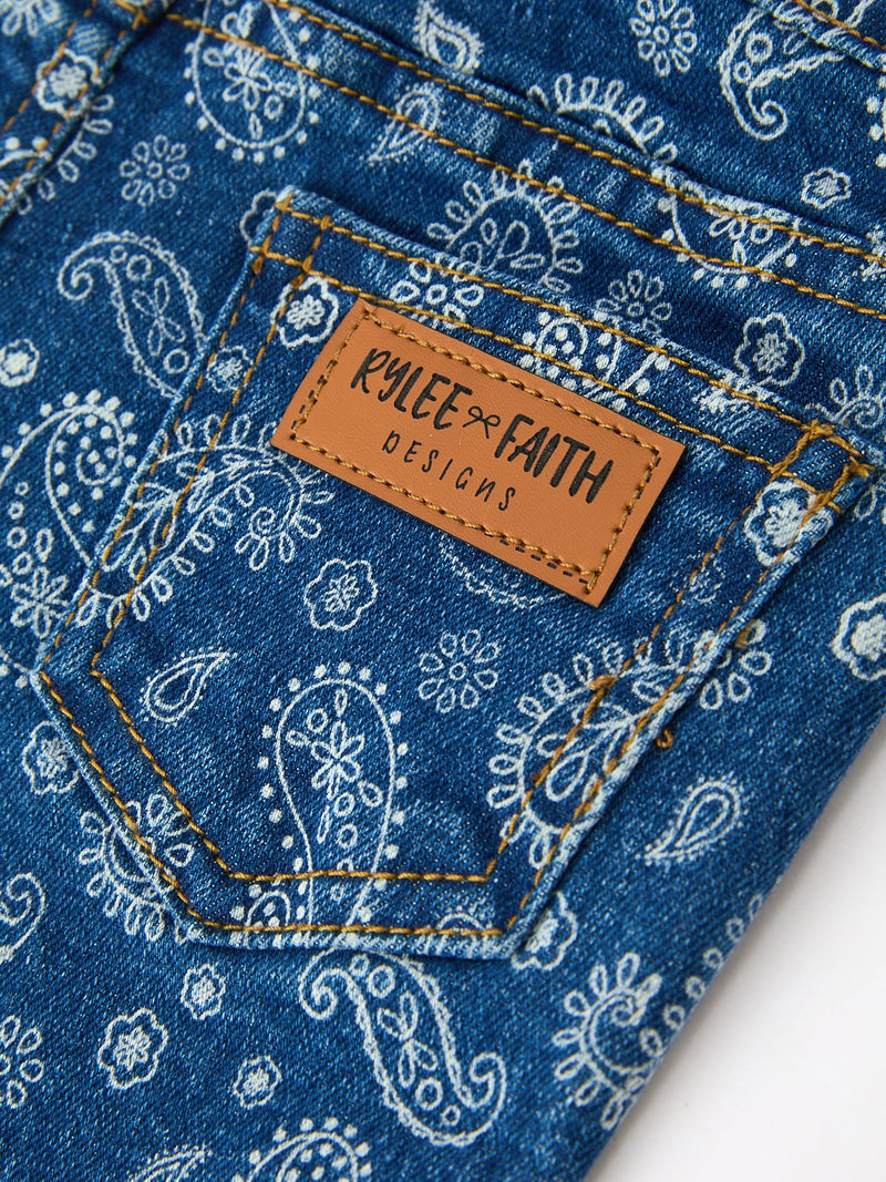 Girls Denim Bell Bottom Pants Decorative Print Flare Jeans - 5