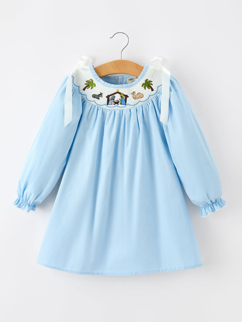 Christmas Nativity Smocked Long Sleeve Girls Dress - 1