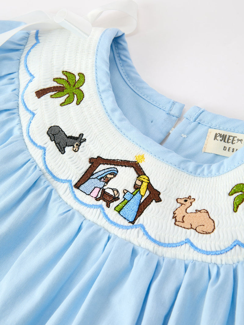 Christmas Nativity Smocked Long Sleeve Girls Dress - 3