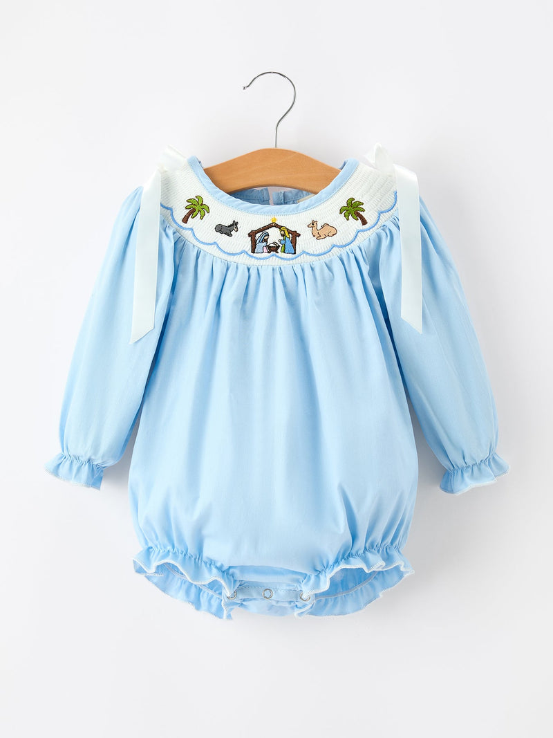 Christmas Nativity Smocked Baby Bubble Romper - 1