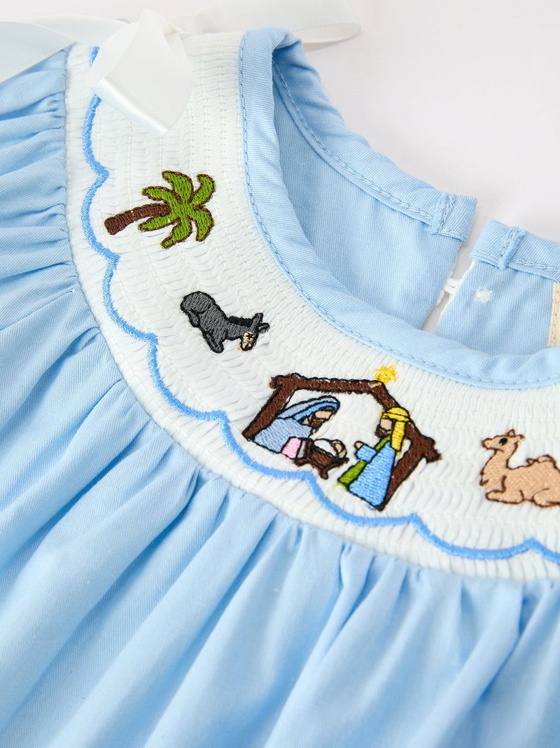 Christmas Nativity Smocked Baby Bubble Romper - 3