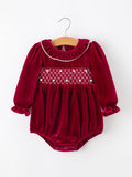 Christmas Velvet Smocked Baby Bubble Romper with Pearl Detail - 1