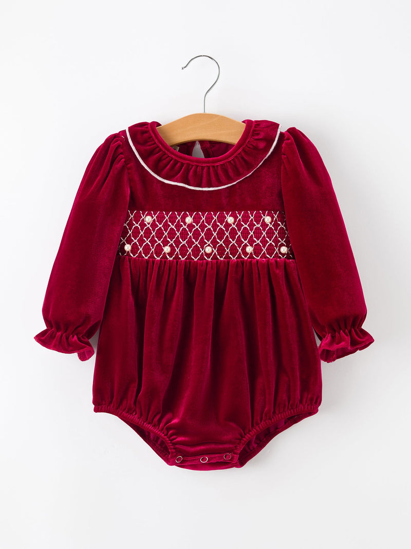 Christmas Velvet Smocked Baby Bubble Romper with Pearl Detail - 1
