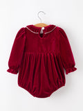 Christmas Velvet Smocked Baby Bubble Romper with Pearl Detail - 2