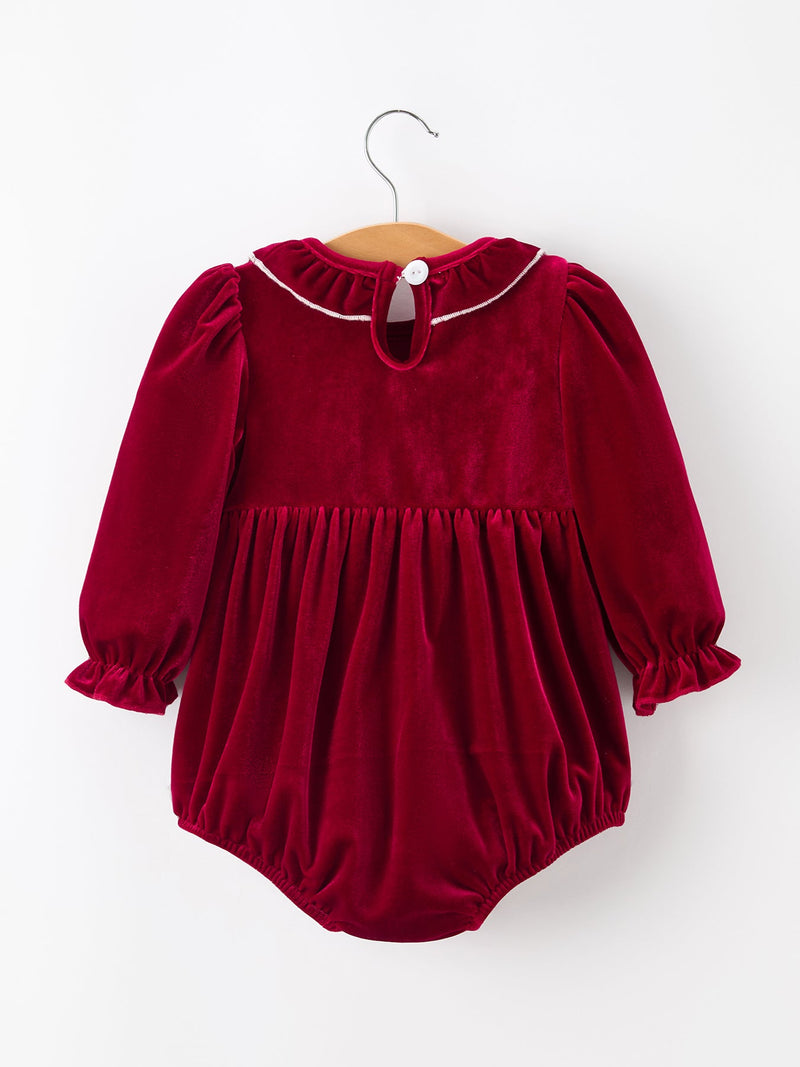 Christmas Velvet Smocked Baby Bubble Romper with Pearl Detail - 2