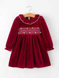 Christmas Velvet Smocked Girls Dress with Pearl Detail - 1