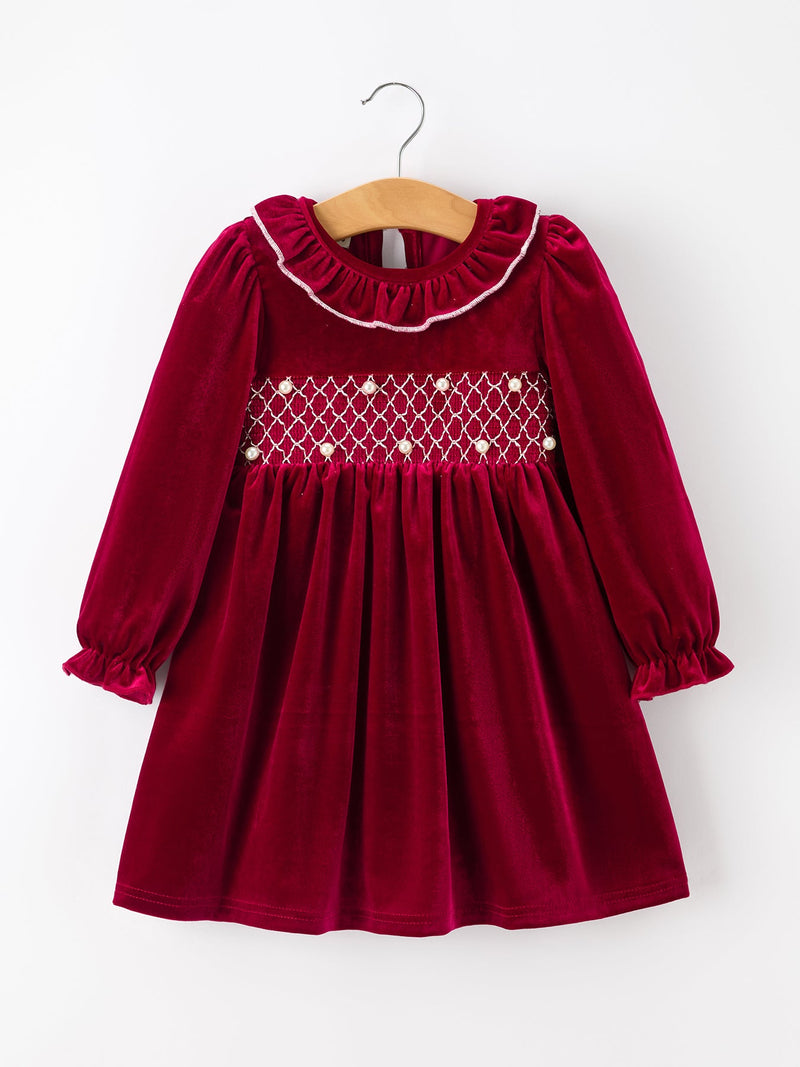 Christmas Velvet Smocked Girls Dress with Pearl Detail - 1