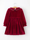 Christmas Velvet Smocked Girls Dress with Pearl Detail - 2