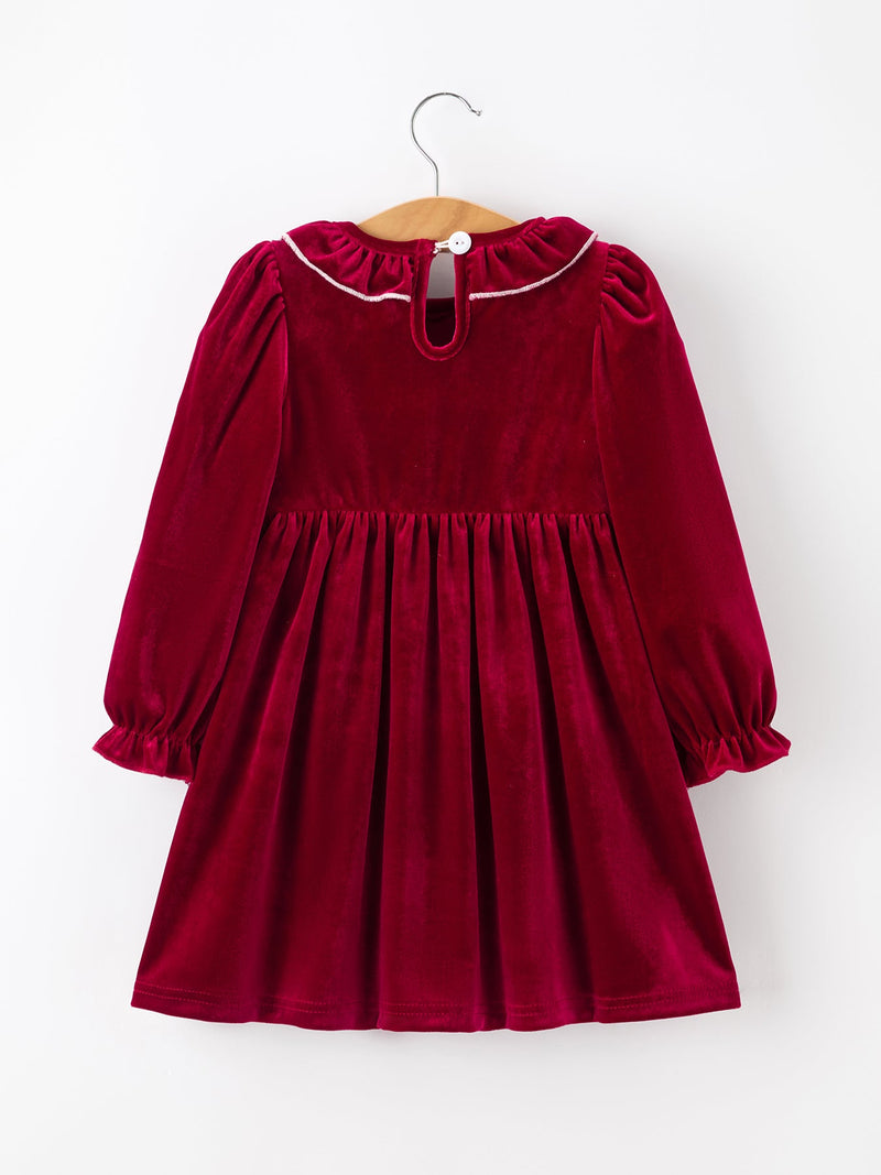 Christmas Velvet Smocked Girls Dress with Pearl Detail - 2