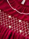 Christmas Velvet Smocked Girls Dress with Pearl Detail - 3