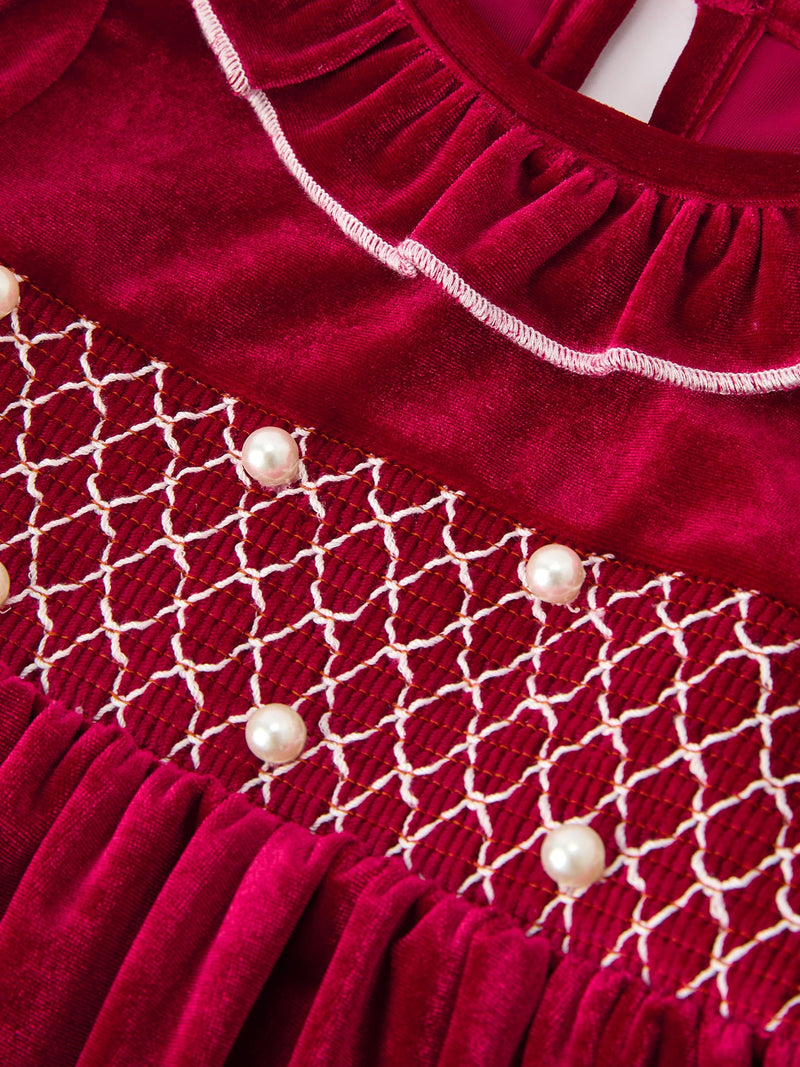 Christmas Velvet Smocked Girls Dress with Pearl Detail - 3