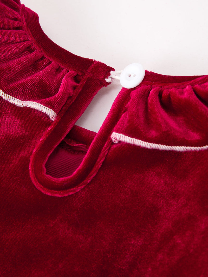 Christmas Velvet Smocked Girls Dress with Pearl Detail - 4