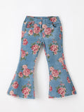Girls Floral Denim Bell Bottom Pants Rose Print Flare Jeans - 1