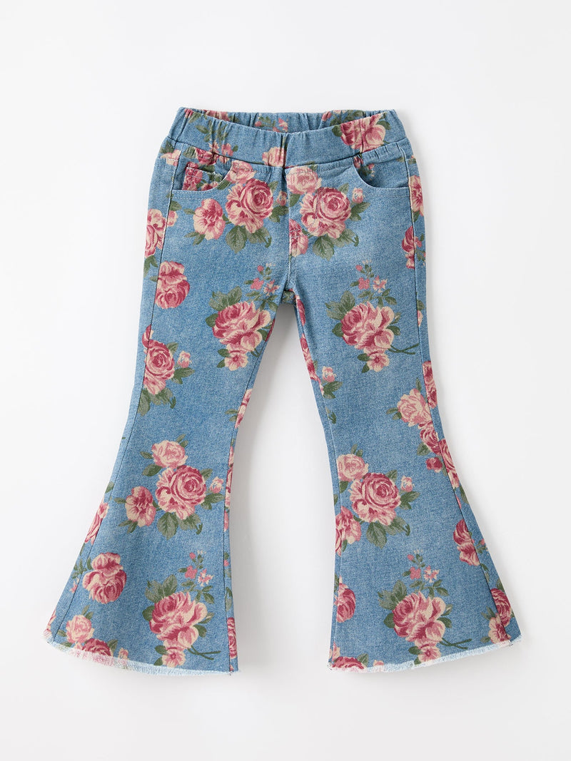 Girls Floral Denim Bell Bottom Pants Rose Print Flare Jeans - 1