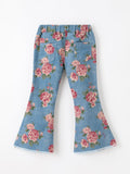 Girls Floral Denim Bell Bottom Pants Rose Print Flare Jeans - 2