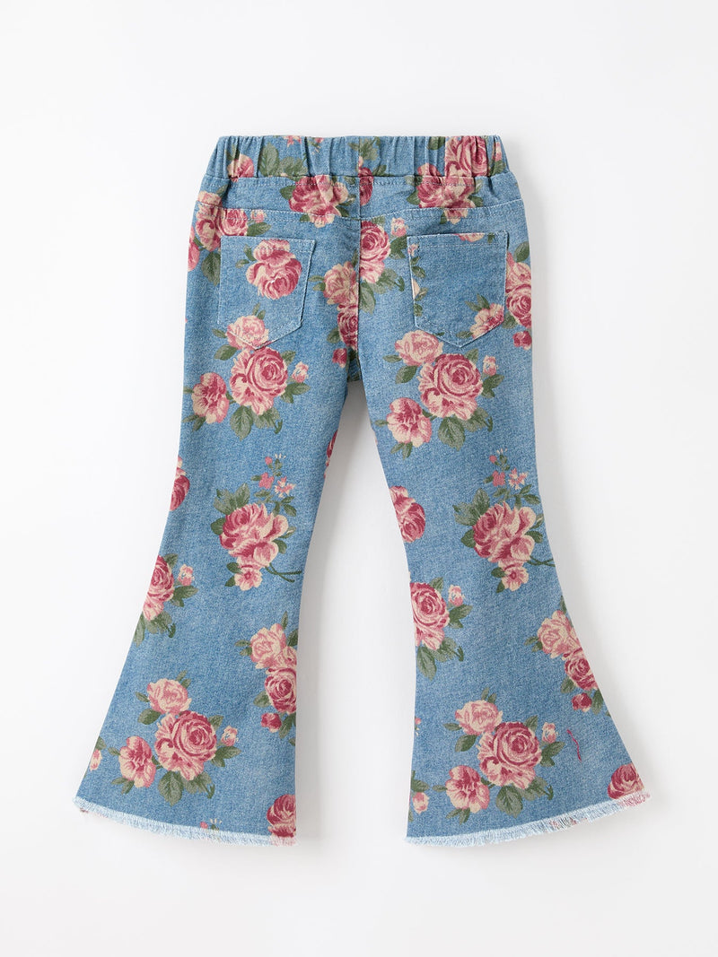 Girls Floral Denim Bell Bottom Pants Rose Print Flare Jeans - 2
