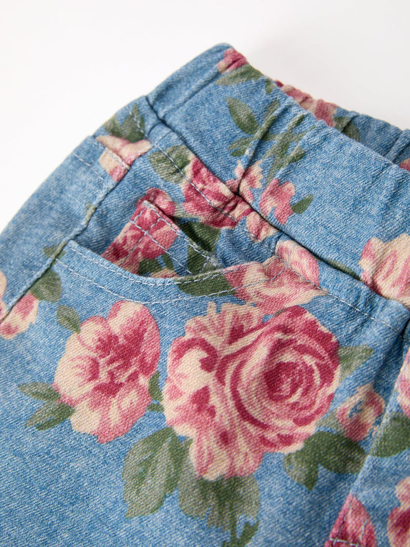 Girls Floral Denim Bell Bottom Pants Rose Print Flare Jeans - 3