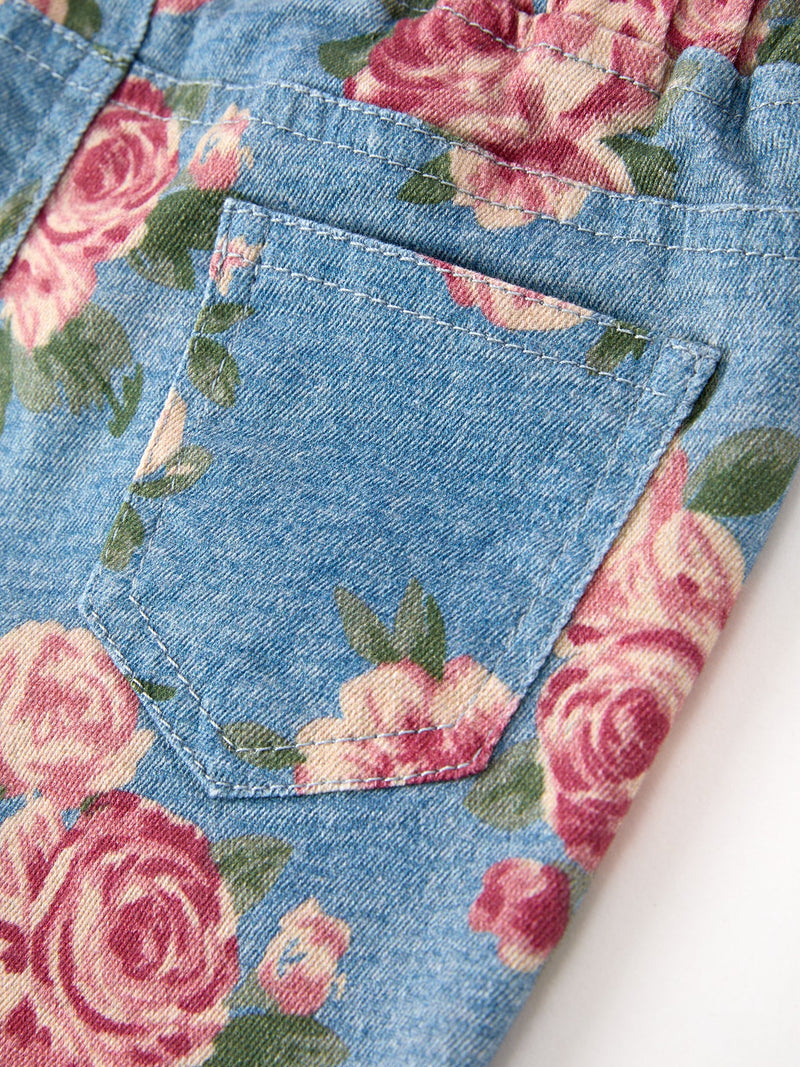 Girls Floral Denim Bell Bottom Pants Rose Print Flare Jeans - 4