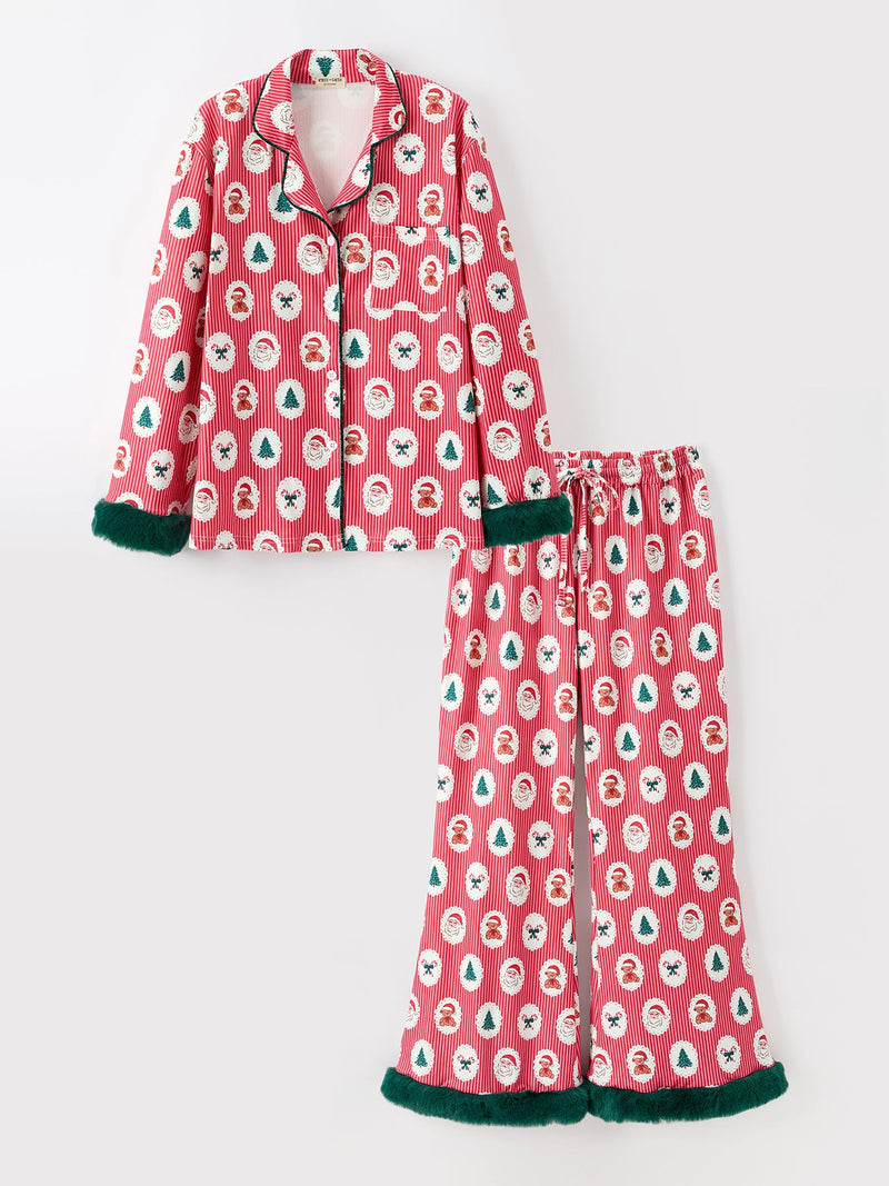 Mommy and Me Christmas Santa Print Pajama Set with Fur Trim - 8