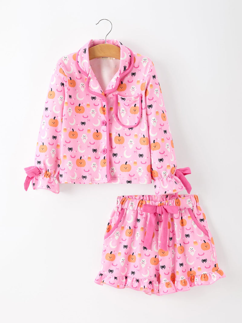 Halloween Pumpkin Ghost Print Girls Pajama Set Long Sleeve Top and Shorts - 1