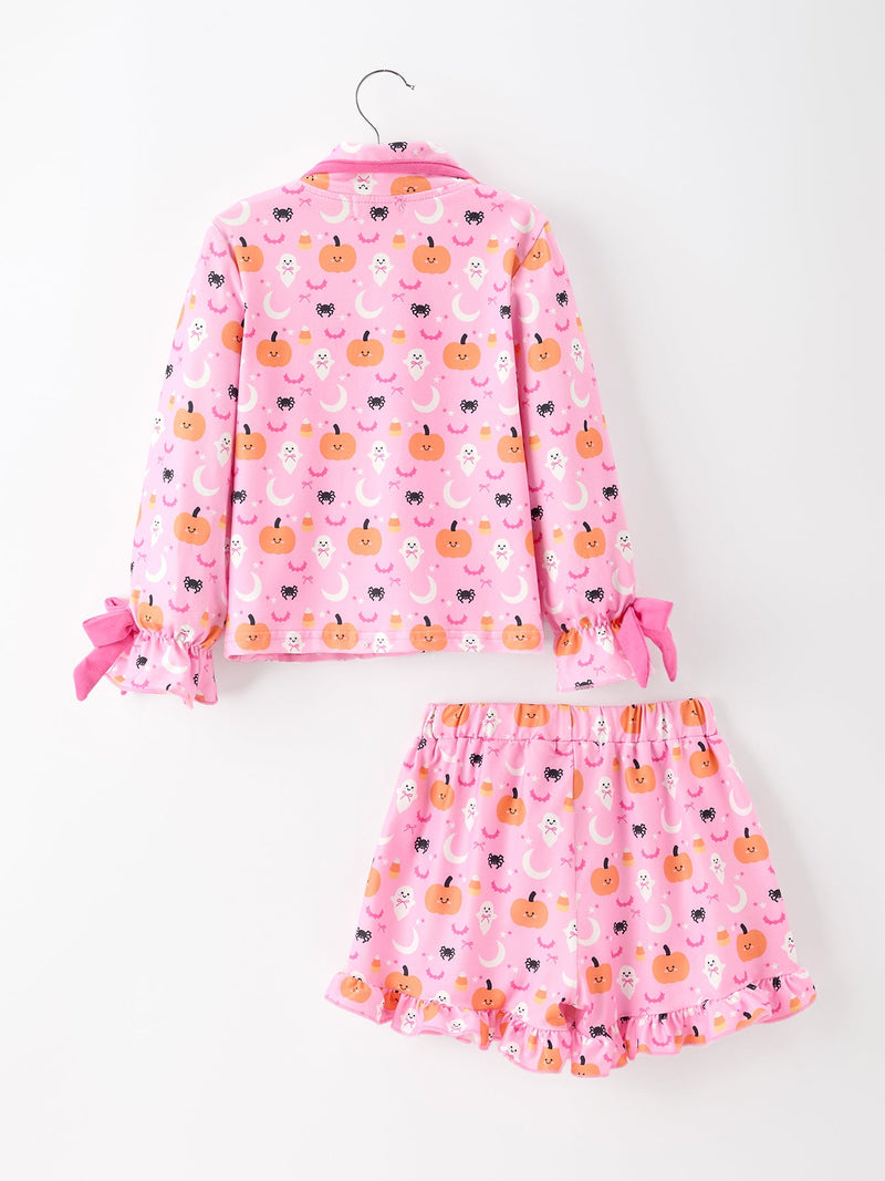 Halloween Pumpkin Ghost Print Girls Pajama Set Long Sleeve Top and Shorts - 2