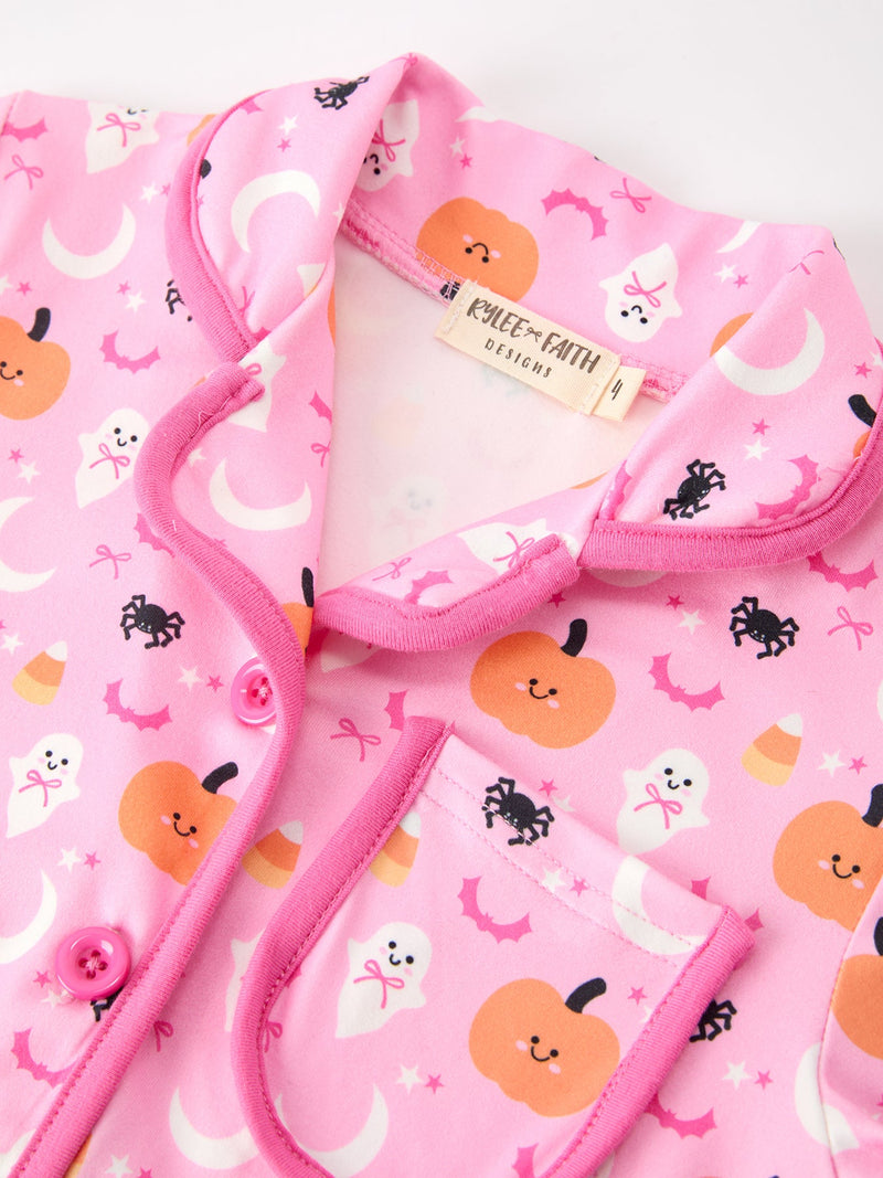 Halloween Pumpkin Ghost Print Girls Pajama Set Long Sleeve Top and Shorts - 3