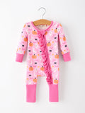 Halloween Pumpkin Ghost Print Baby Girl Pajamas Ruffle Zipper Romper - 1