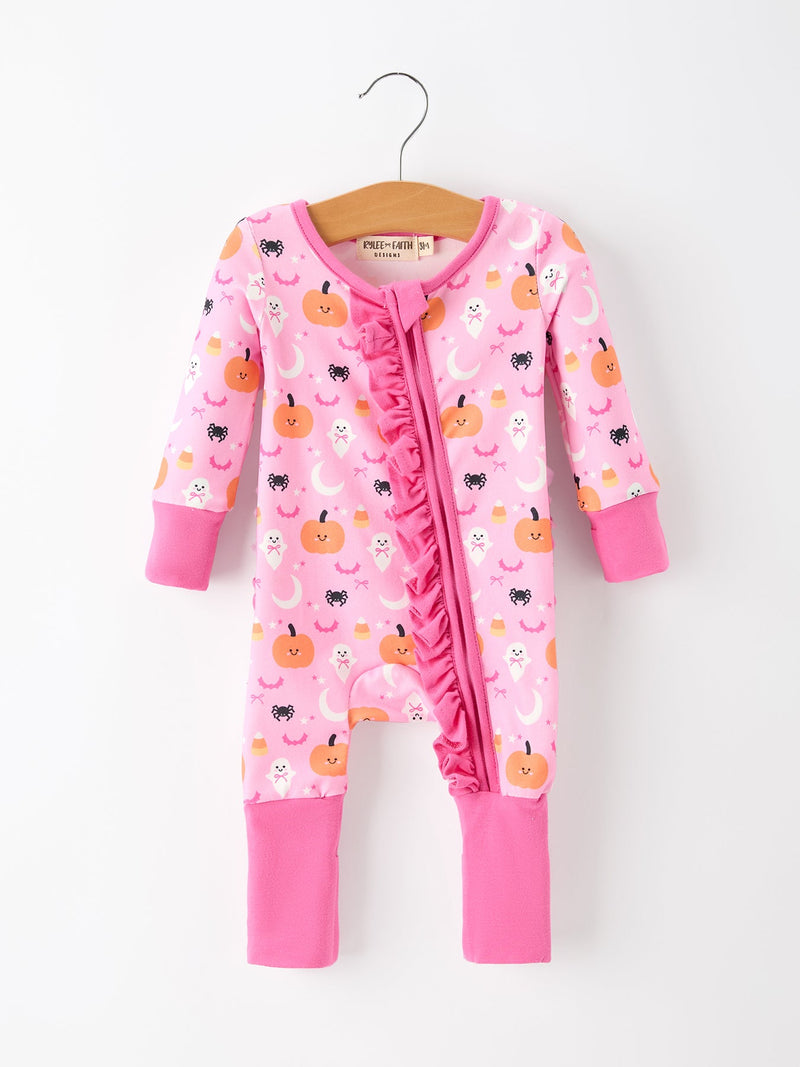 Halloween Pumpkin Ghost Print Baby Girl Pajamas Ruffle Zipper Romper - 1