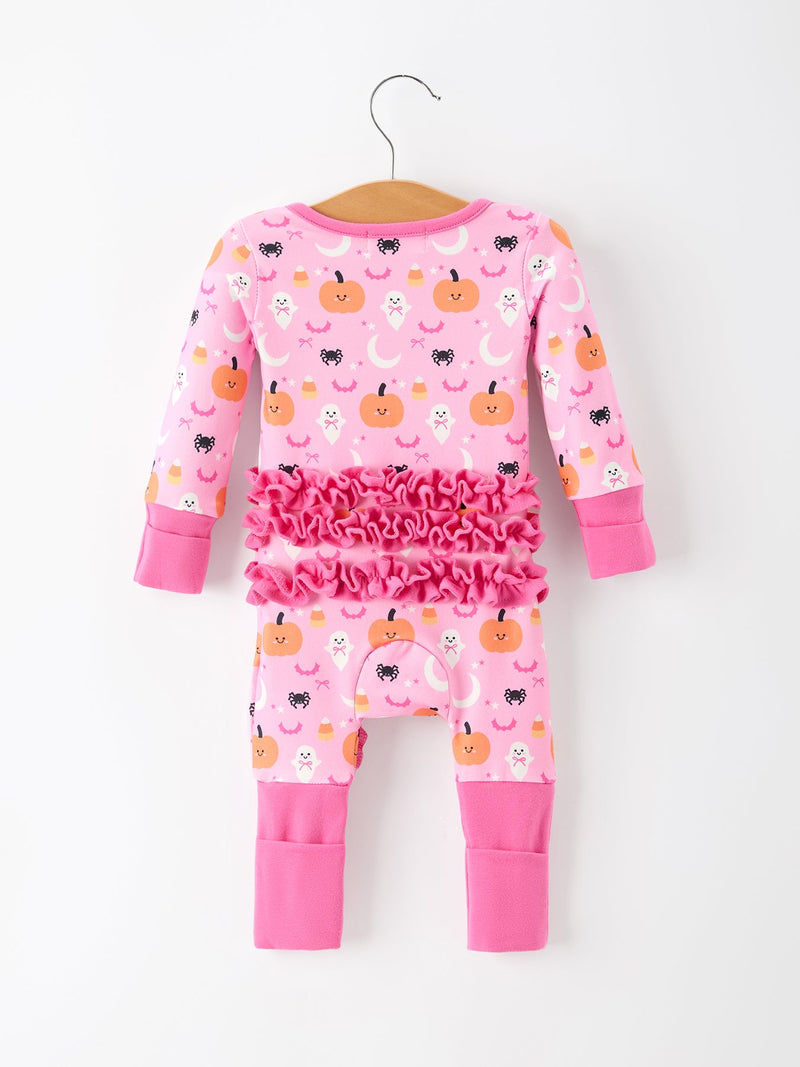 Halloween Pumpkin Ghost Print Baby Girl Pajamas Ruffle Zipper Romper - 2
