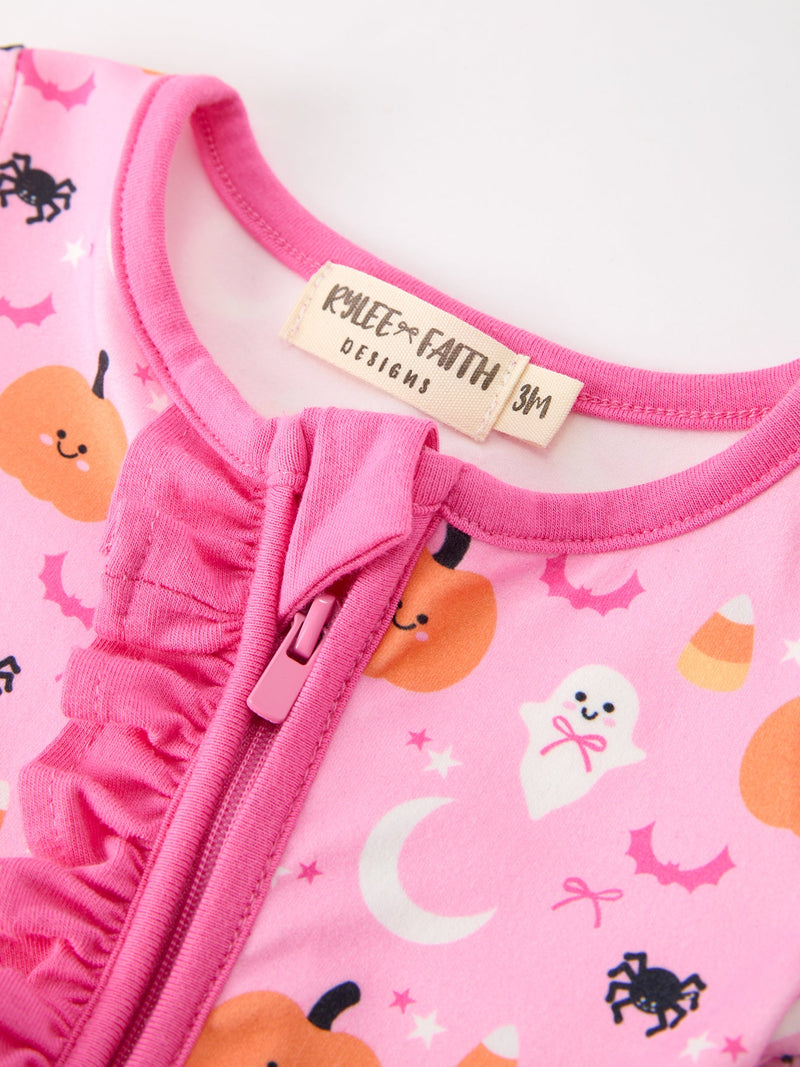 Halloween Pumpkin Ghost Print Baby Girl Pajamas Ruffle Zipper Romper - 3